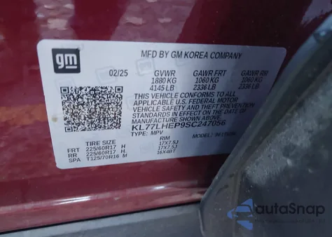 2025 Chevrolet Trax Fwd Lt z USA, uszkodzony, nr VIN KL77LHEP9SC247056